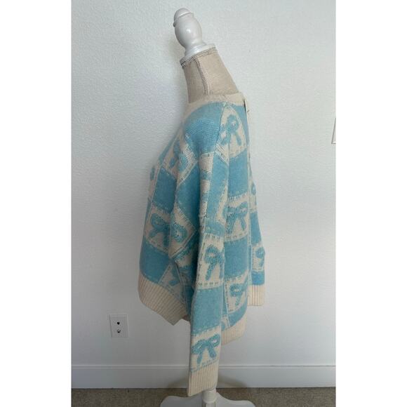 Soho & Stella Coquette Oversized Cozy Blue and White Bow Sweater - L - Picture 2 of 5